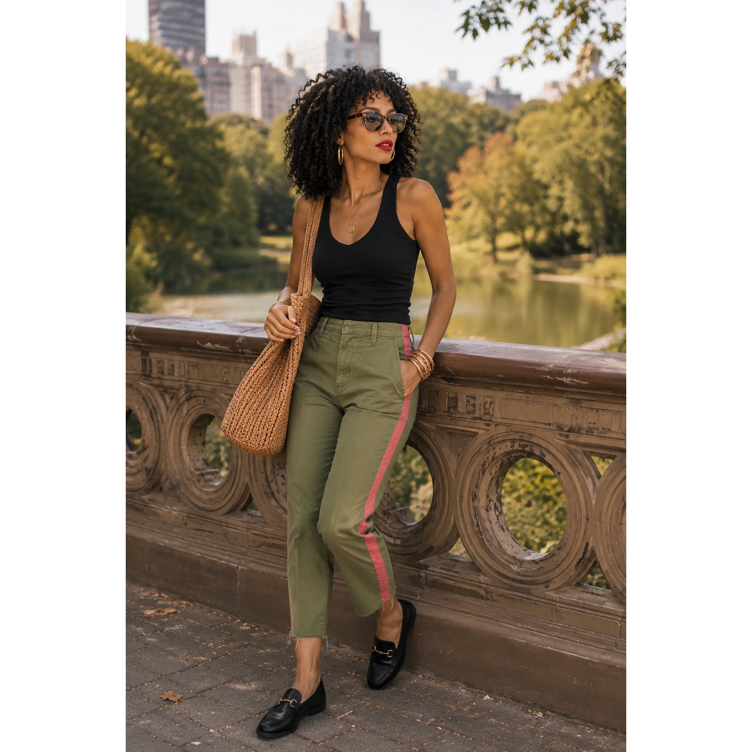 Mother The Shaker Prep Frayed Pants Fatigue Green & Red Size 25 Crop